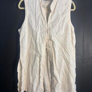 ISHYU Cream 100% Linen Sleeveless Button-Up Shirt with Raw Hem – Women’s Size XL